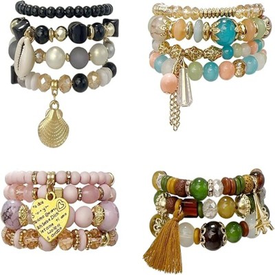 BRINJOY 15-Pack Bohemian Beaded Bracelet Set - Stackable Stretch Charm Bracelets with Tassels