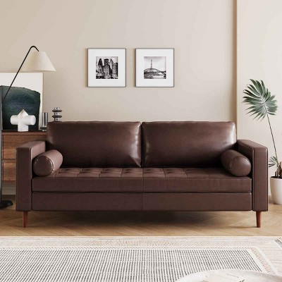 Mid-Century Modern 3-Seat Sofa, Tufted Design Sofa with Bolster Pillowsfor Living Room, PU Leather Couch with Wood Legs-Coolbibila