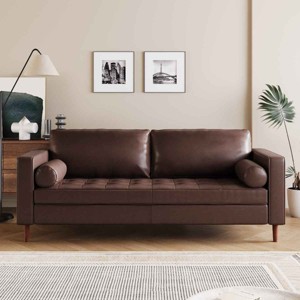Mid-Century Modern 3-Seat Sofa, Tufted Design Sofa with Bolster Pillowsfor Living Room, PU Leather Couch with Wood Legs-Coolbibila - 1 of 4