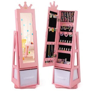Costway Kids Jewelry Cabinet with Full-Length Mirror Foldable Drawer Anti-toppling System White/Pink - 1 of 4