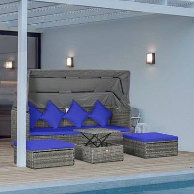 Dark Blue 6-Person Adjustable Canopy Outdoor Rattan Sofa Set