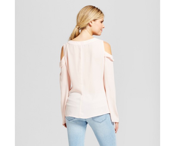 Women's Long Sleeve Cold Shoulder Blouse with Ruffle Trim - Como Black Blush XL