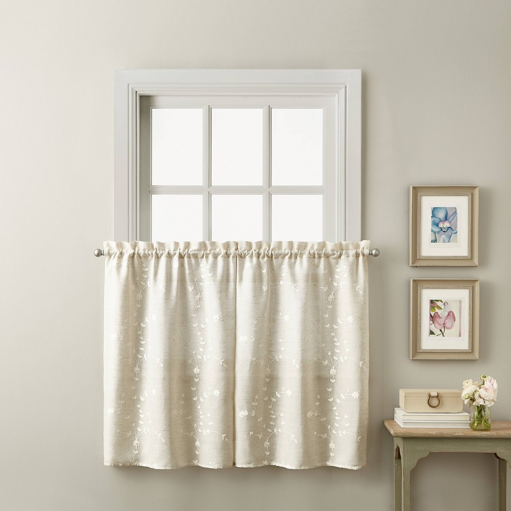 Photos - Curtain Rod / Track 36"x56" Lynette Tier Linen - CHF Industries: Kitchen Curtain Tiers, 36 Inch, Floral Botanical, Khaki, Rod Pocket