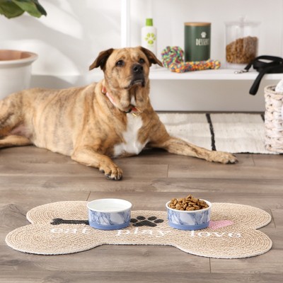 Small Blue Marble Ceramic Pet Bowls with Silicone Base