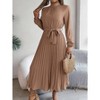 Women's Mock Neck Belted Pleated Midi Dress - Long Sleeve Flowy Swing Dress for Formal & Casual - 2 of 4