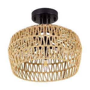 DAKAFUL Boho Semi Flush Mount Ceiling Light with Handmade Rattan Wicker Lampshade, 3-Light Chandelier for Bedroom/Living Room/Kitchen - 1 of 4