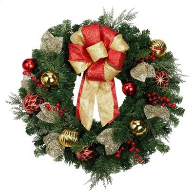 24'' Green and Gold Artificial Christmas Wreath with LED Lights