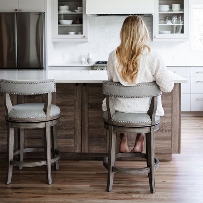 Alexander Reclaimed Oak Swivel Bar Stool with Ash Grey Upholstery