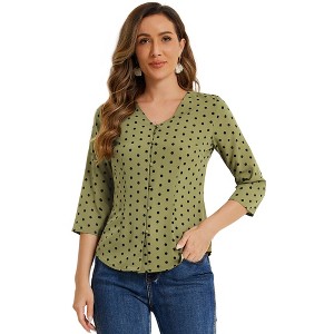 Allegra K Women's Polka Dots 3/4 Sleeve Casual Button Front Shirt - 1 of 4