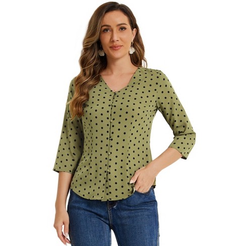 Allegra K Women's Polka Dots 3/4 Sleeve Casual Button Front Shirt - image 1 of 4