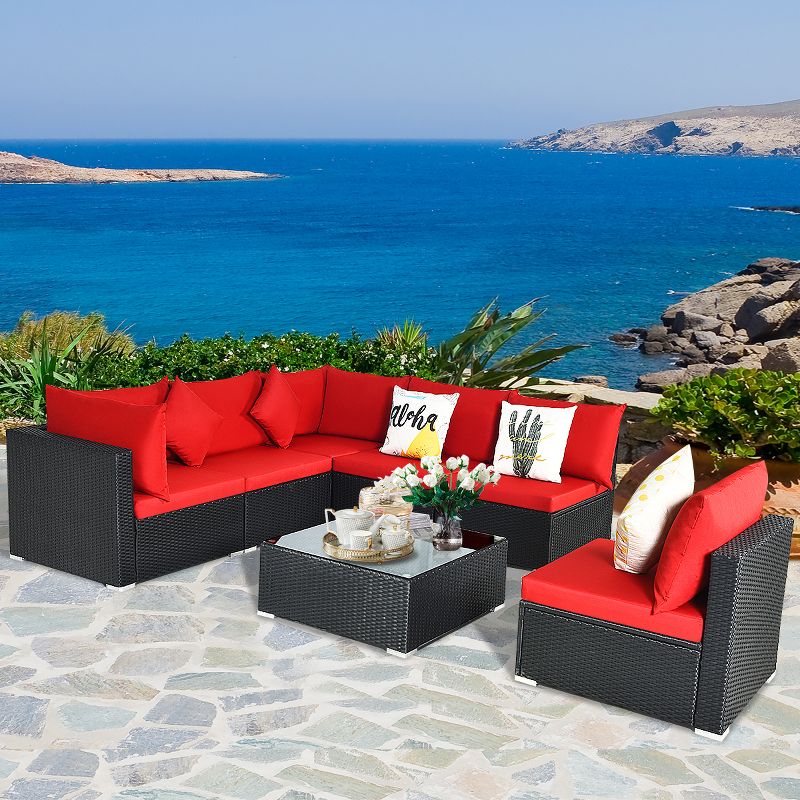 Costway 7PCS Rattan Patio Conversation Set Sectional Furniture Set w/ Red Cushion, 5 of 11