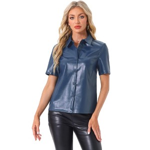 INSPIRE CHIC Women's PU Leather Button Down Short Sleeve Collar Party Club Top - 1 of 4