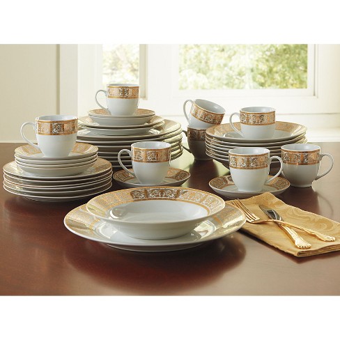 Brylanehome Medici 40 piece Premium Golden Porcelain Dinnerware Gold White Set service For 8 Includes Dinner Dessert Plates Bowls Saucers Mugs Cups Target