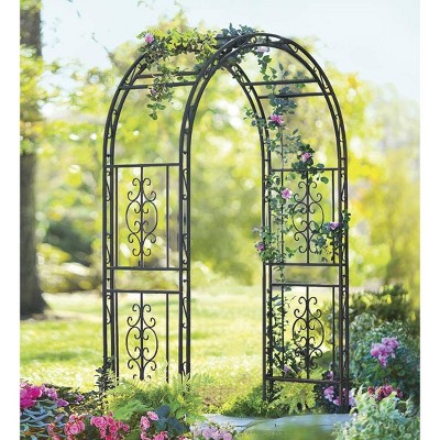 Plow & Hearth Arch Metal Outdoor Garden Arbor | Montebello | 7 feet | Black | Iron Trellis Lattice for Climbing Plants | Wedding Arch | Patio