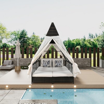 Outdoor Daybed Patio Double Sun Lounger Bed with Adjustable Backrest, Curtains and 4 Pillows 4M -ModernLuxe