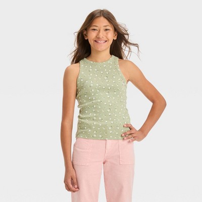 Girls' High Neck Ribbed Tank Top - Art Class™ Dusted Olive Green Floral Xs  : Target