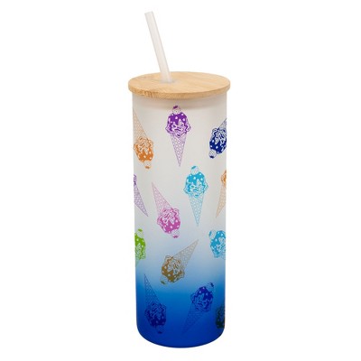 Elanze Designs Ice Cream Cone Treats Rainbow Wrap-Around Design 25 Ounce Frosted Gradient Glass On-The-Go Coffee Travel Skinny Tumbler Mug Cup, Bamboo