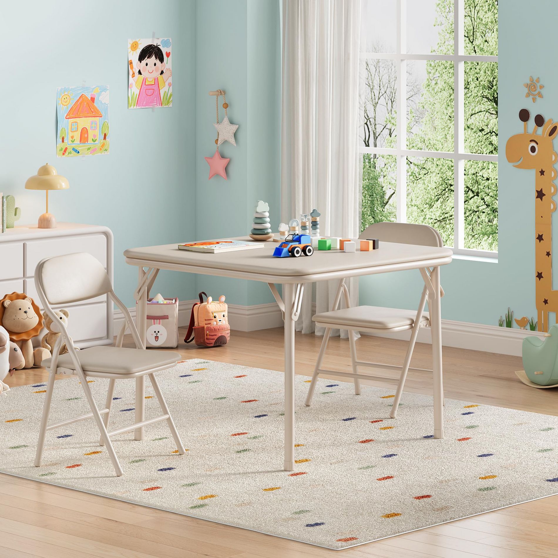 3-Piece Kids Folding Table and Chairs Set, Toddlers Children's Activity Table and Chairs Set for Dining Room,Daycare,Classrooms