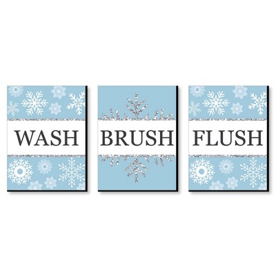 Big Dot of Happiness Winter Wonderland - Snowflake Kids Bathroom Rules Wall Art - 7.5 x 10 inches - Set of 3 Signs - Wash, Brush, Flush
