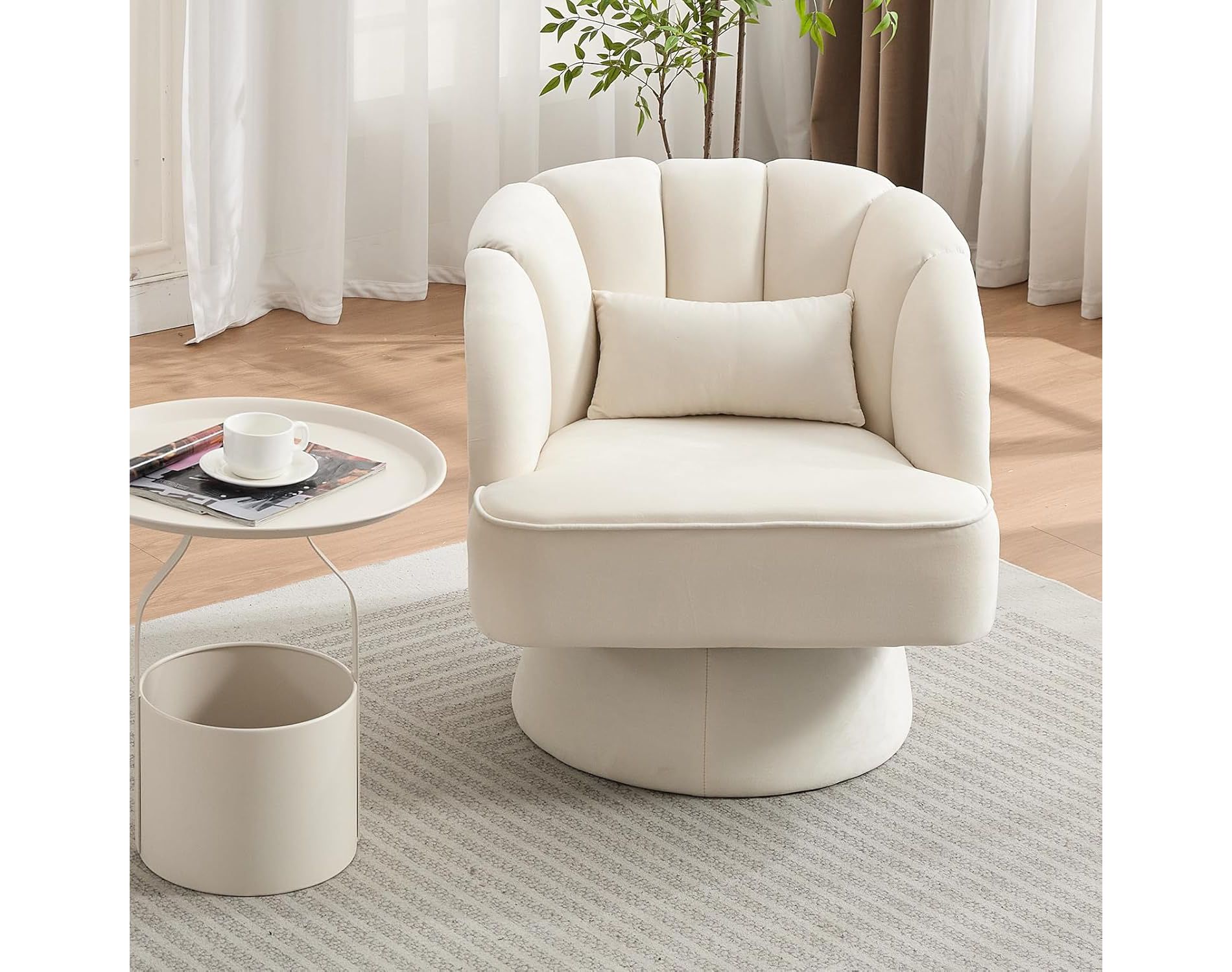 Modern Swivel Barrel Accent Chair, 360° Upholstered Armchair with Striped Backrest & Plush Padding, Beige