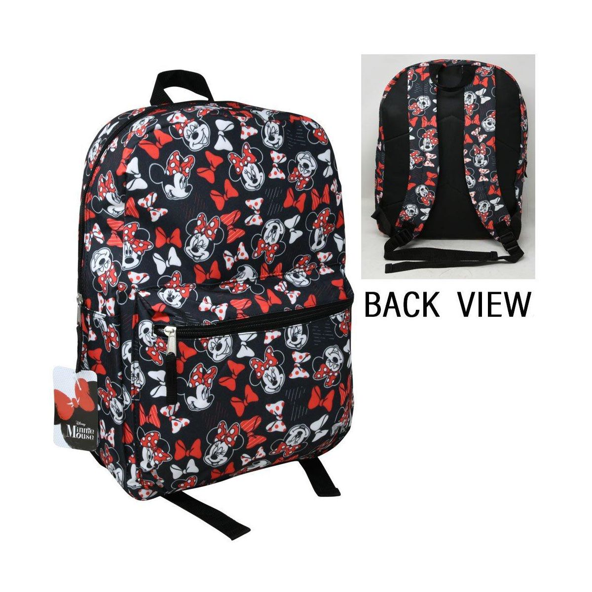 Minnie Mouse & Bows All Over Print Black and Red 16" Backpack with Front Pocket