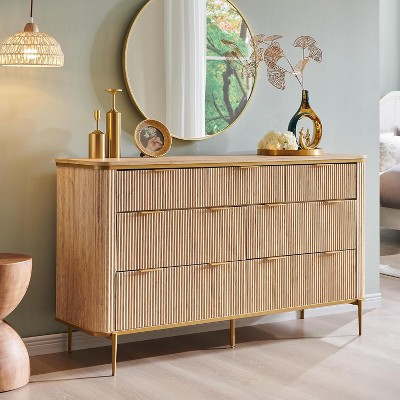 SinCiDo Fluted 7 Drawer Modern Dresser, 54" Wide Dresser TV Stand with Gold Accents, Wood Storage Organizer for Bedroom, Living Room