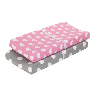 Everyday Kids 2 Pack Baby Girl Changing Pad Covers – 100% Cotton Jersey, Soft & Breathable – Gray with White Dots + Pink with White Hearts - 1 of 4