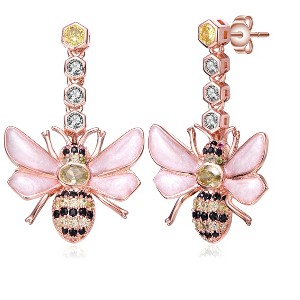 Guili Sterling Silver Rose Gold Plated Dangling Bee Earrings with Colored Cubic Zirconia, a Playful and Elegant Design for Unique Beauty - 1 of 2