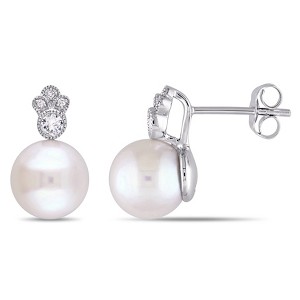 EVERLY JEWELRY | 10K Gold Freshwater Pearl Gemstone and Diamond Accent Drop Earrings - Multiple Metal Color Options. - 1 of 4