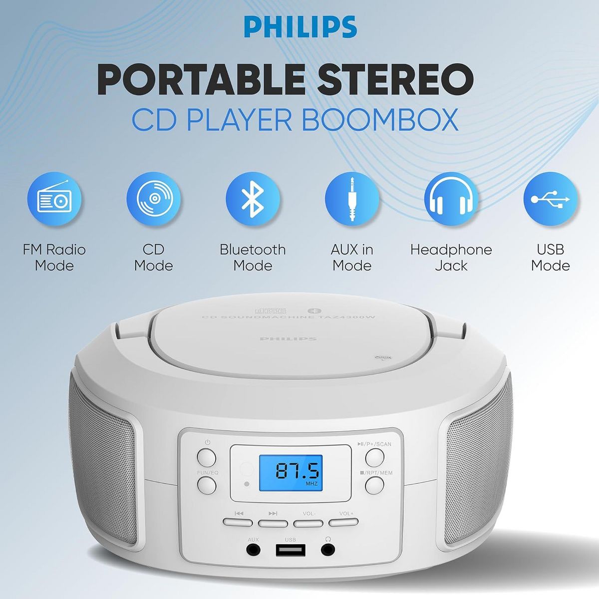PHILIPS Portable CD Player Boombox with Bluetooth – Dynamic Bass Boost, FM Radio, USB/Aux Input, Compact Design - thumbnail 10