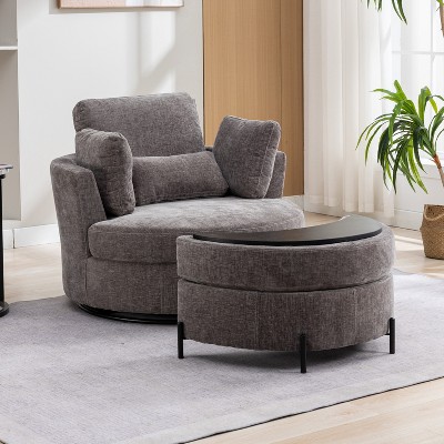 Hrinhom 42"W Upholstered Swivel Accent Chair with Pillows and Half-Moon Storage Ottoman
