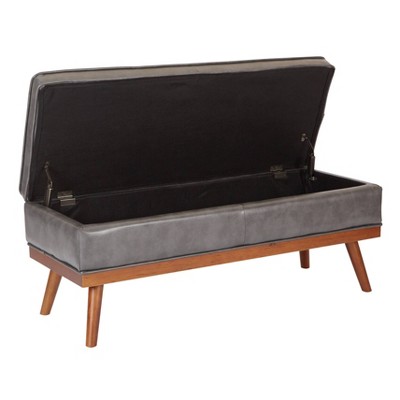 Katheryn Pewter Bonded Leather Storage Bench with Solid Wood Legs