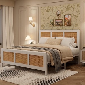Queen Size Bed Frame with Headboard Bohemian Rattan Platform Bed Frame with Strong Metal Slats Support No Box Spring Needed Noise-Free Design, Black - 1 of 4
