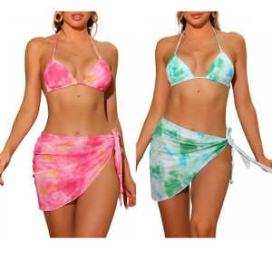 INSPIRE CHIC Women's Dye Halter Tie Triangle Swimsuits with Sarong Cover Ups Beach Skirt Bikini 2 Set - 1 of 4