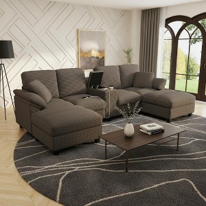 Polibi U-Shaped Corduroy Sectional Sofa with Hidden Storage Ottomans, USB Console & Cup Holders - 1 of 4