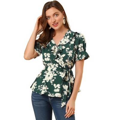 INSPIRE CHIC Women's Floral V Neck Tie Waist Short Sleeve Belted Ruffle Wrap Shirt