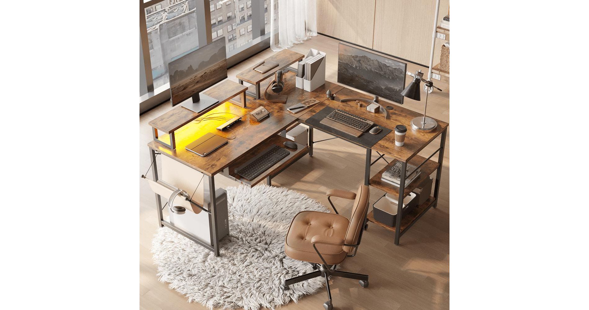 Bestier 59inch L Shaped Computer Desk with Keyboard Tray Brown