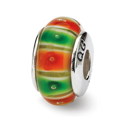 Black Bow Jewelry Green & Orange Striped Glass Sterling Silver Bead Charm