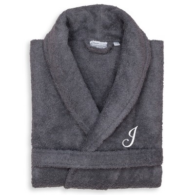 Linum Home Textiles 100% Turkish Cotton Adult Personalized Terry Bathrobe Gray in White Script Font