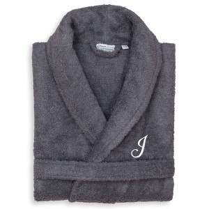 Linum Home Textiles 100% Turkish Cotton Adult Personalized Terry Bathrobe Gray in White Script Font - 1 of 3
