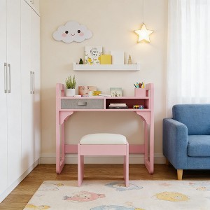 Wooden Study Desk and Chair Set with Cloth Drawers and Pen Holder - 1 of 4