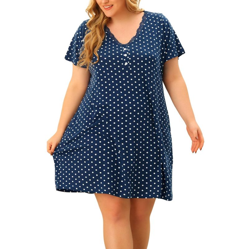 Agnes Orinda Women's Plus Size Polka Dots V Neck Short Sleeve Home Nightgowns, 1 of 6
