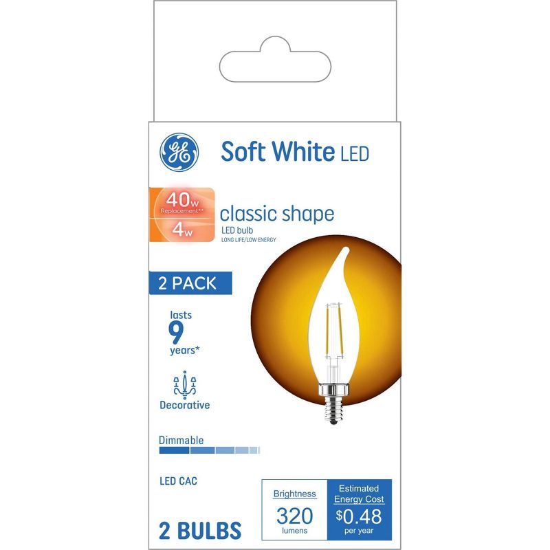 GE 2pk 4 Watts Soft White Candelabra Base LED Decorative Light Bulbs, 5 of 7
