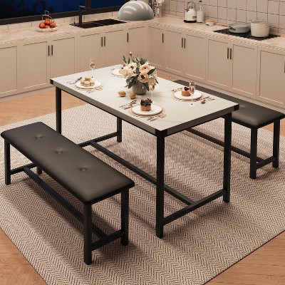 Vintage Kitchen Dining Set with Table and 2 Upholstered Benches, Perfect for Small Spaces and Seating for Two