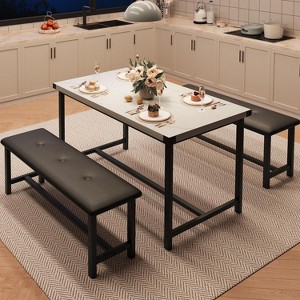 Vintage Kitchen Dining Set with Table and 2 Upholstered Benches, Perfect for Small Spaces and Seating for Two - 1 of 4