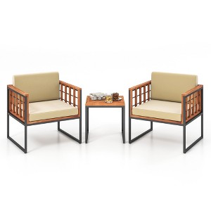 Tangkula 3 Pieces Patio Furniture Set Acacia Wood Bistro Conversation Set w/ 2 Cushioned Chairs Beige - 1 of 4