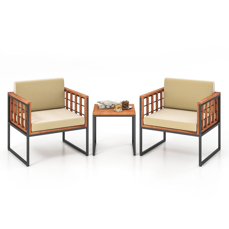 Tangkula 3 Pieces Patio Furniture Set Acacia Wood Bistro Conversation Set w/ 2 Cushioned Chairs Beige, 1 of 10