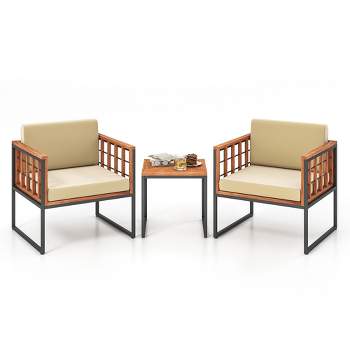 Tangkula 3 Pieces Patio Furniture Set Acacia Wood Bistro Conversation Set w/ 2 Cushioned Chairs Beige