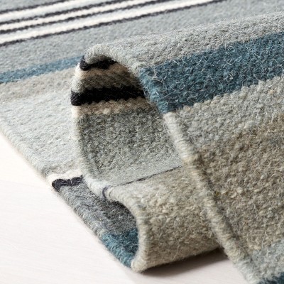 Gray and Blue Striped Wool Flat Woven Rug, 4' x 6'