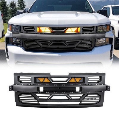 AMERICAN MODIFIED Armor Front Grille w/ LED Amber Lights & Emblem Holder, Compatible with 2019-2021 Chevy Silverado 1500 Models, Matte Black